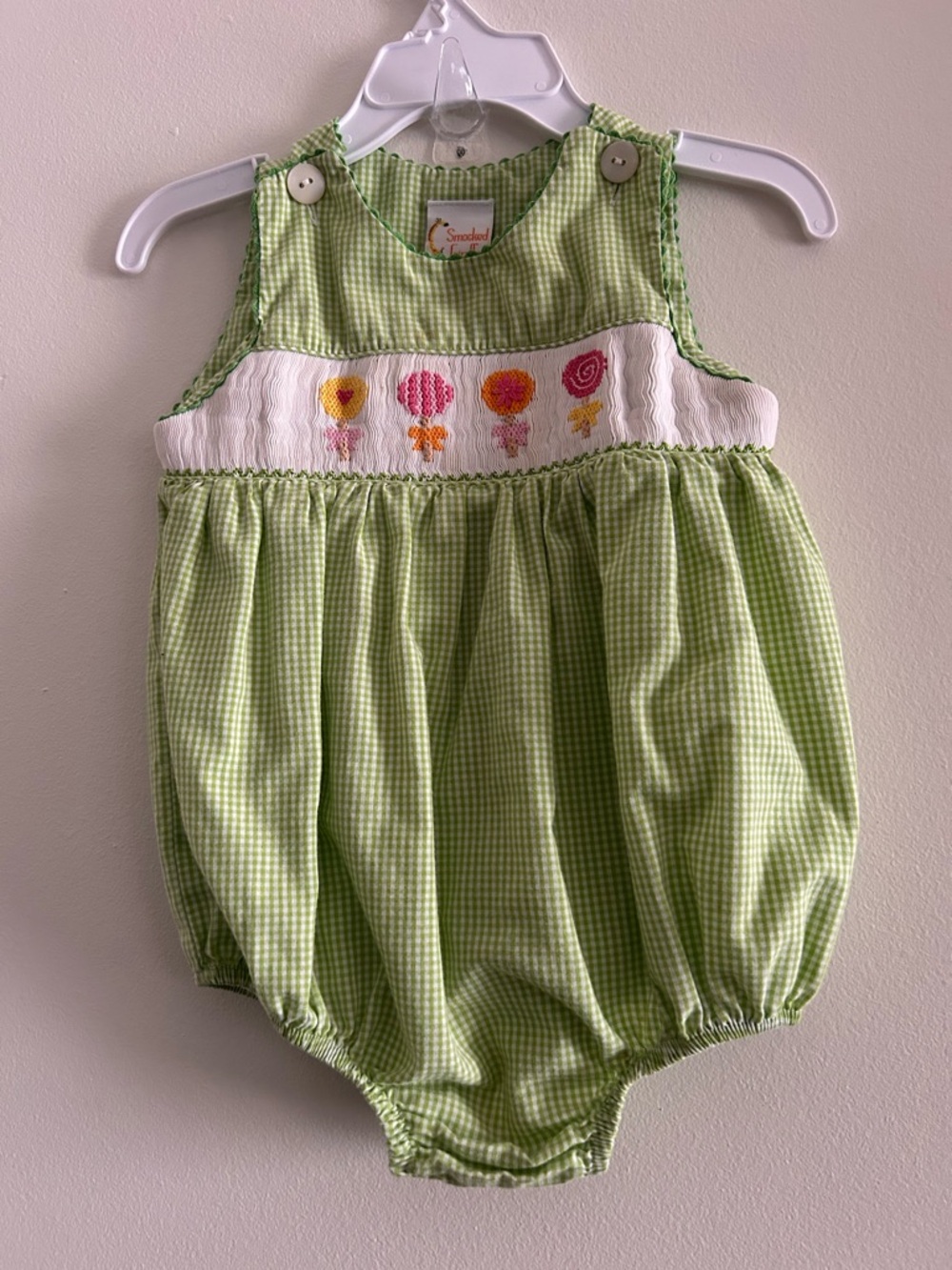 Smocked Giraffe Green Gingham Bubble Romper 12M Girls Smocked Lollipops